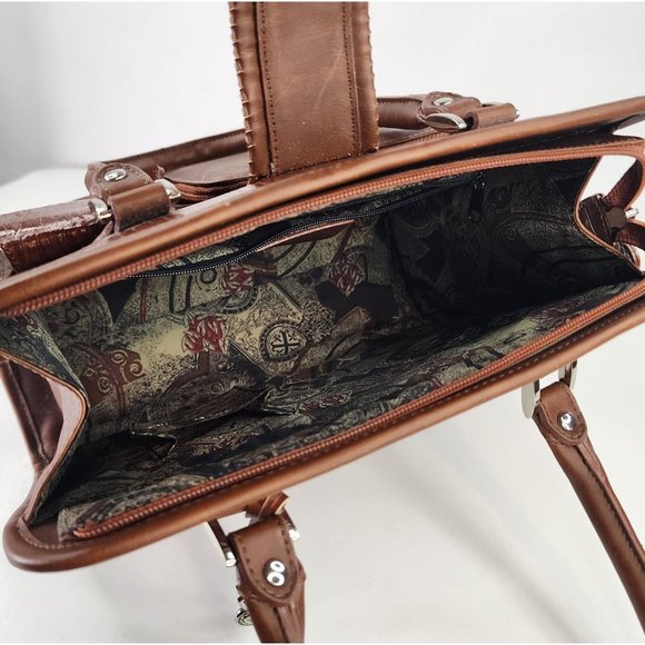 Womens Purse Brown Faux Croc Heart Charm Mom Core Braided Trim Clutch Bag - Picture 10 of 16